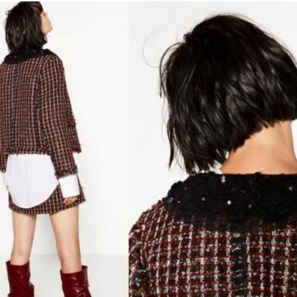 ZARA BLACK RED PLAID TWEED BEADED JACKET size small - Picture 4 of 13